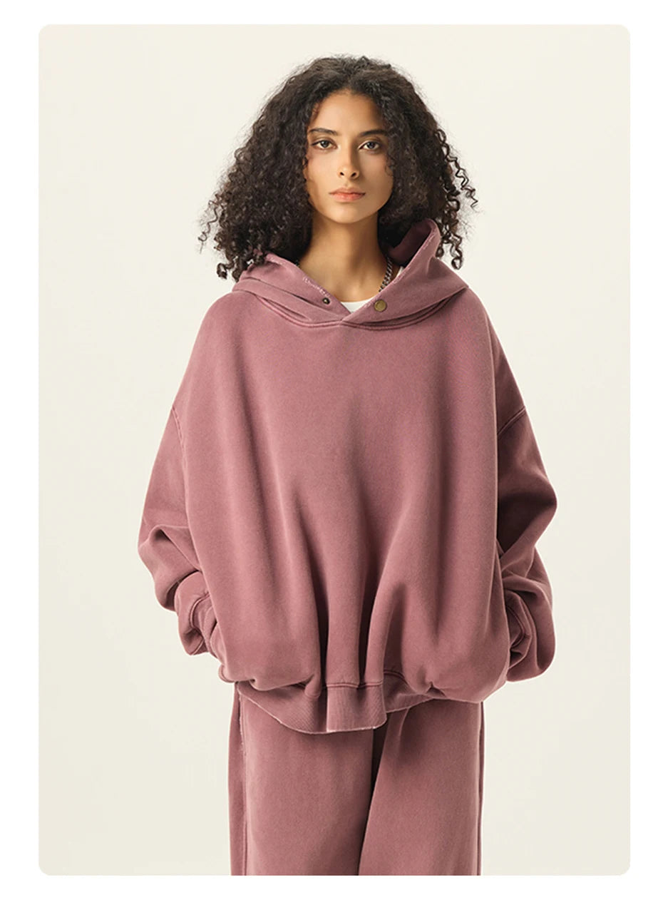Essential Vintage Wash Button Neck Hoodie-streetwear-techwear