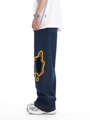 Flame Embroidered Baggy Jeans-streetwear-techwear