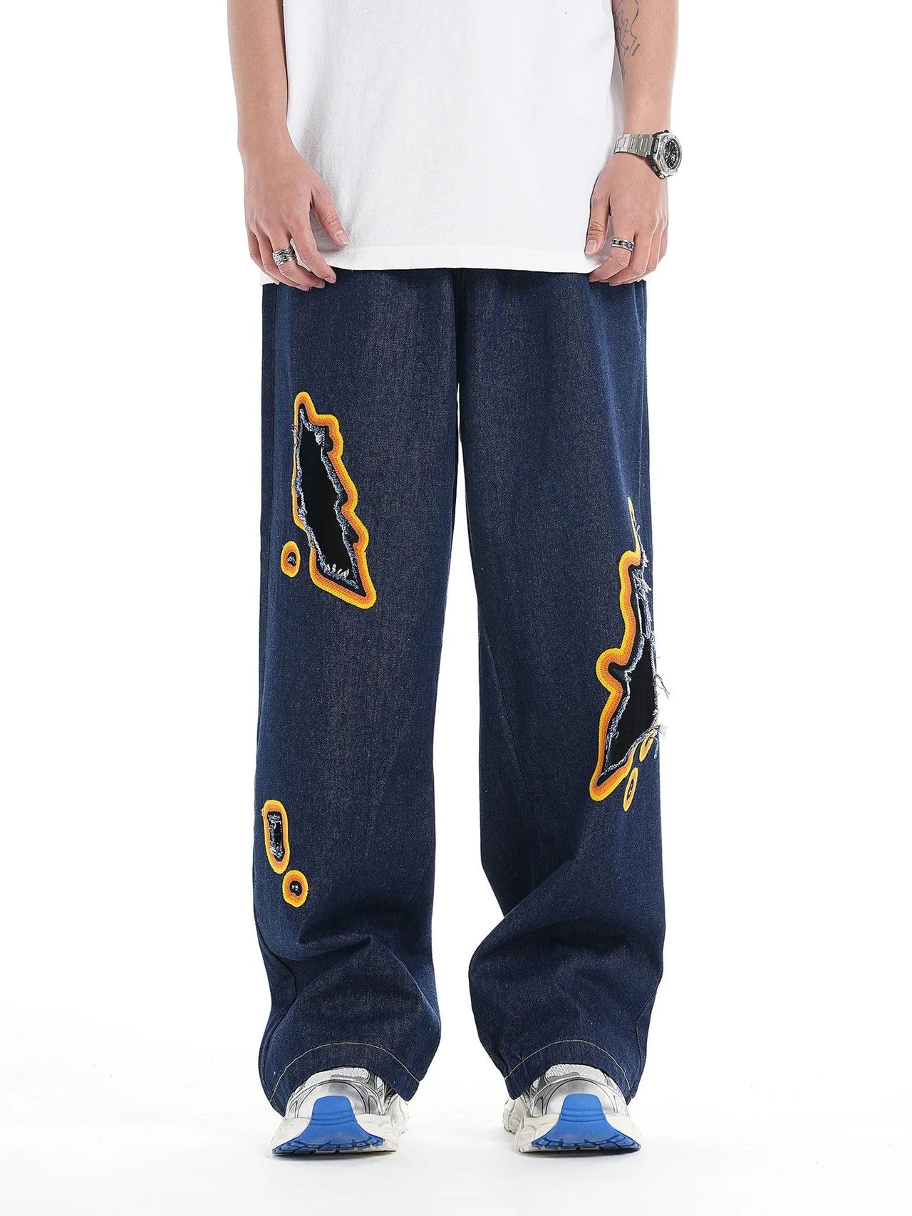 Flame Embroidered Baggy Jeans-streetwear-techwear