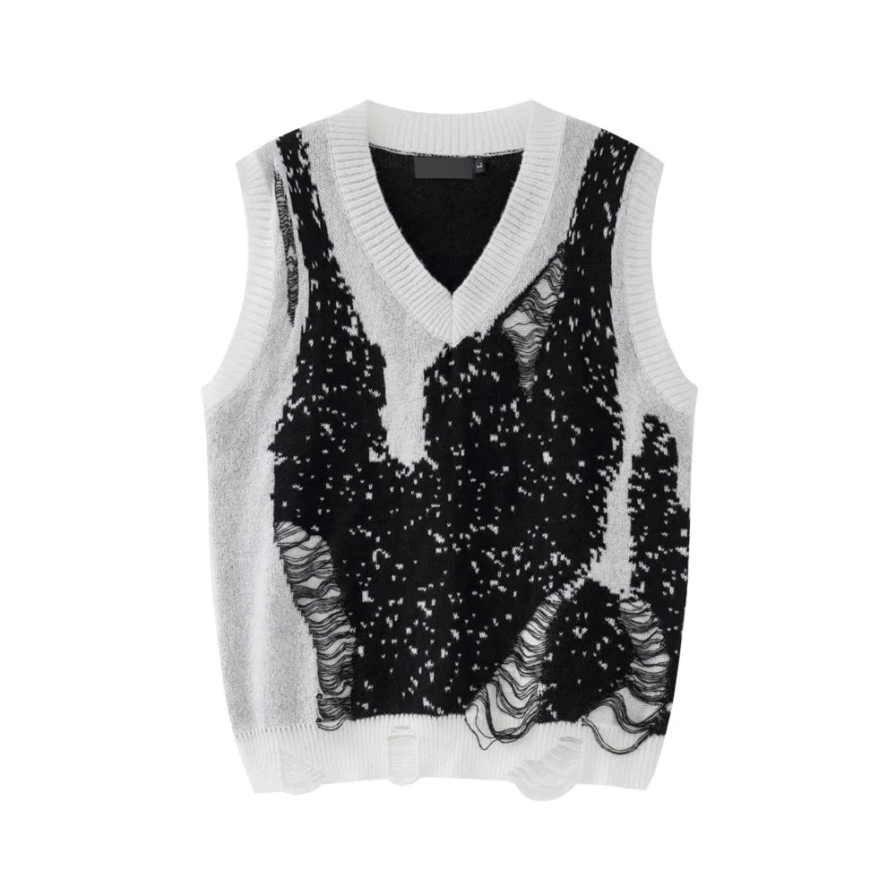 Frayed Abstract Sweater Vest-streetwear-techwear