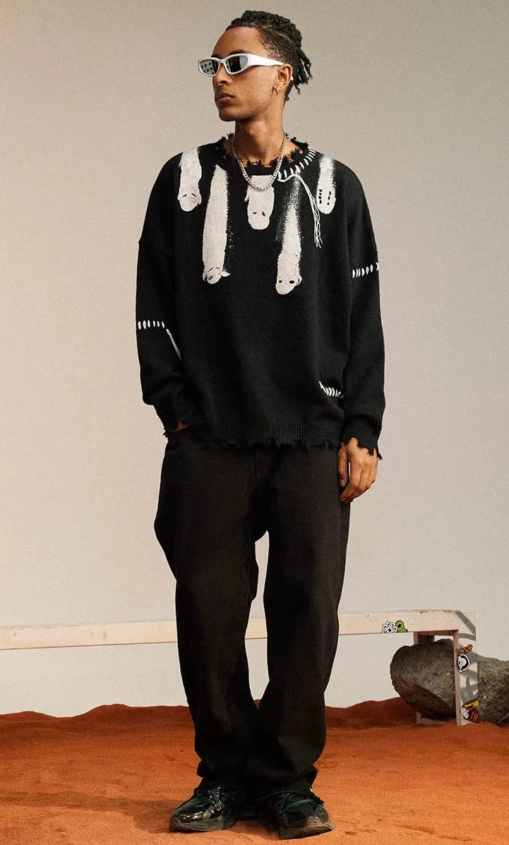 Ghost Graphic Knitted Sweater-streetwear-techwear