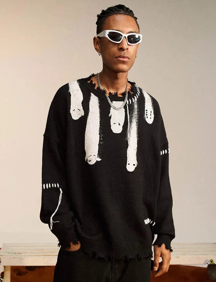 Ghost Graphic Knitted Sweater-streetwear-techwear