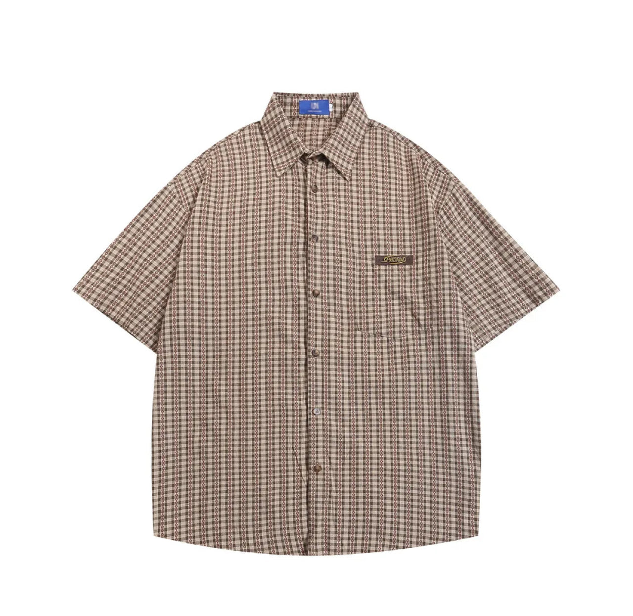 Half Sleeve Gingham Grandad Shirt-streetwear-techwear