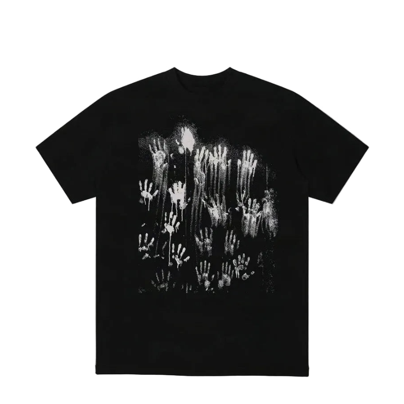 A black short-sleeve crewneck t-shirt featuring a large white graphic print of numerous skeletal hands reaching upwards from a dark, textured background.