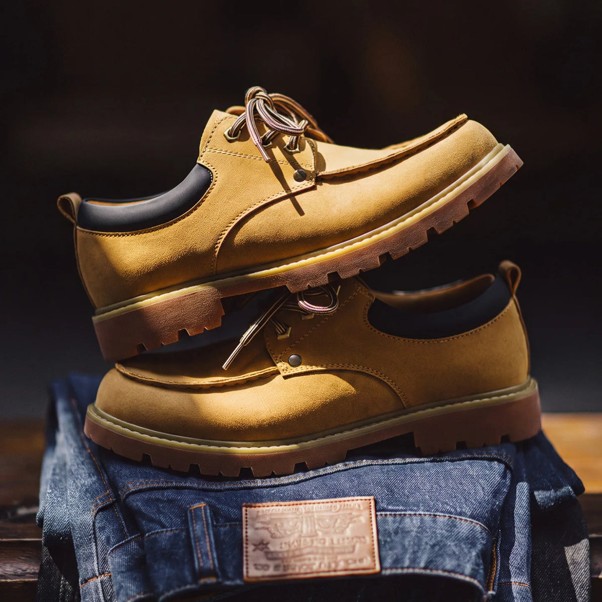 A pair of tan suede lace-up shoes stacked on top of folded blue jeans against a dark blurred background.