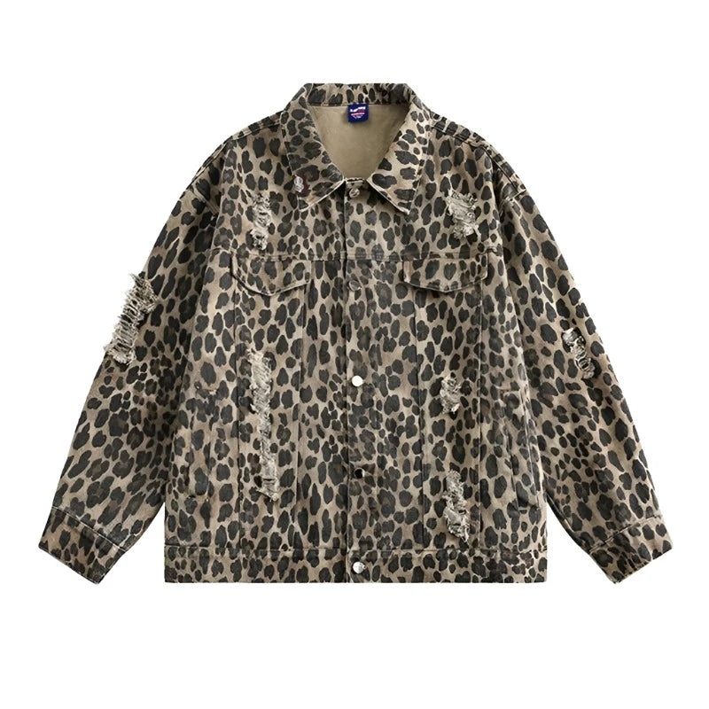 Leopard Print Distressed Western Jacket-streetwear-techwear