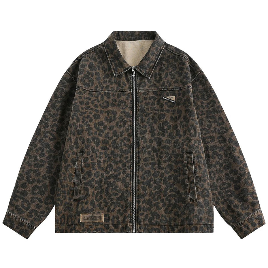 Leopard Print Zipped Trucker Jacket-streetwear-techwear