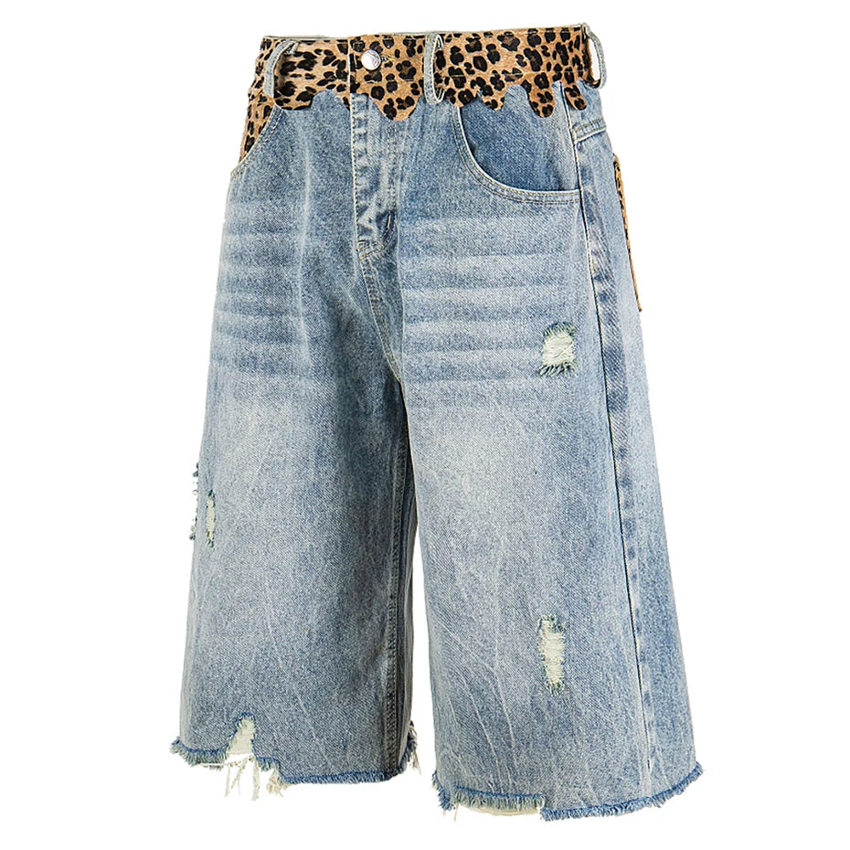 Leopard Waist Distressed Denim Jorts