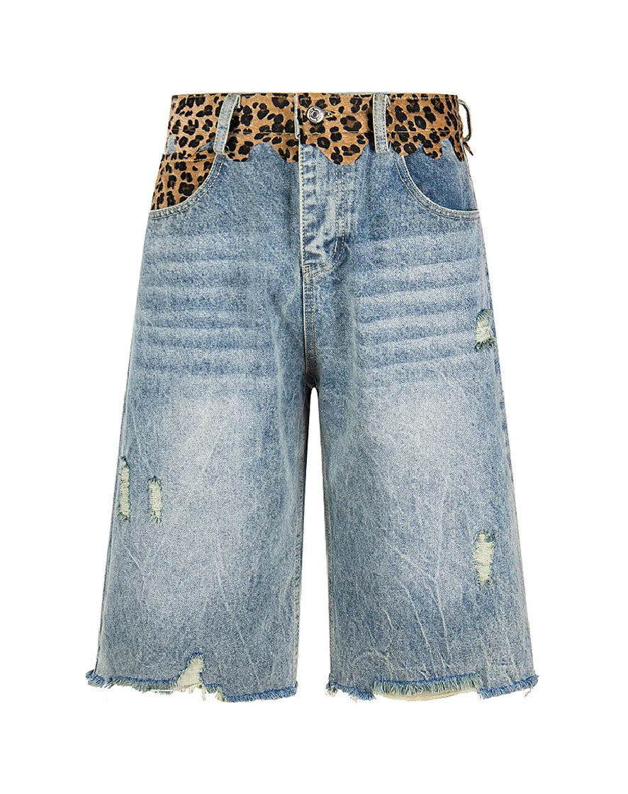Light blue distressed denim shorts with a leopard-print patterned waistband, shown against a plain white background.