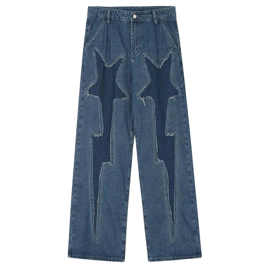 Lightning Star Patch Baggy Jeans-streetwear-techwear