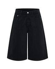 Black wide-leg denim shorts with a button closure and belt loops, shown against a plain white background.