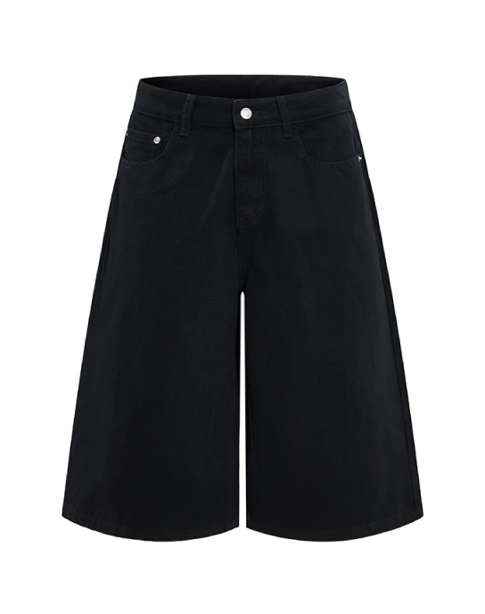 Black wide-leg denim shorts with a button closure and belt loops, shown against a plain white background.
