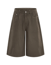 A pair of wide-leg denim shorts in a dark olive brown color, featuring a button closure, belt loops, and front pockets, shown against a plain white background.