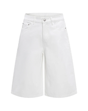 White denim shorts with a high waist, button closure, belt loops, and front slash pockets, shown against a plain white background.
