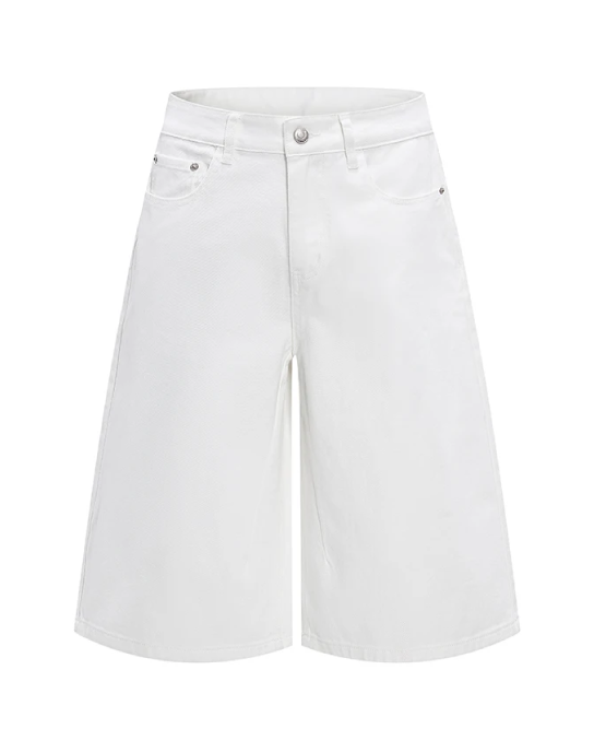 White denim shorts with a high waist, button closure, belt loops, and front slash pockets, shown against a plain white background.