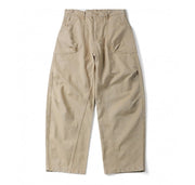 A pair of beige wide-leg cargo pants with a relaxed, straight-to-slightly-bulged leg, featuring large front flap pockets and button details at the waistband, laid flat on a white background.