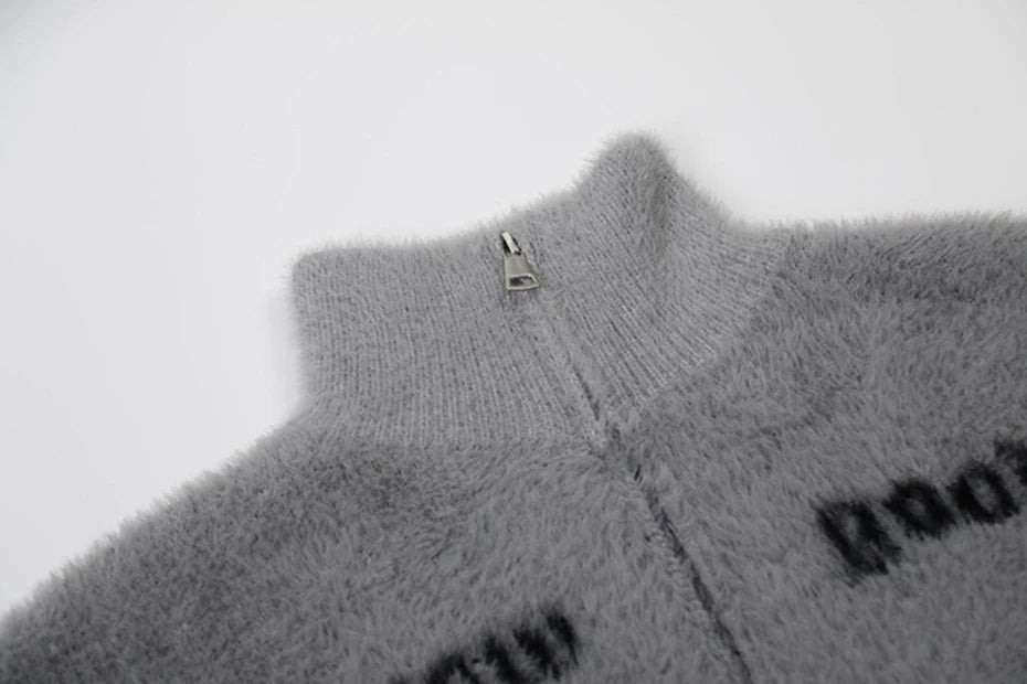 Lyric Symbol Faux Fur Zip-up Sweater-streetwear-techwear
