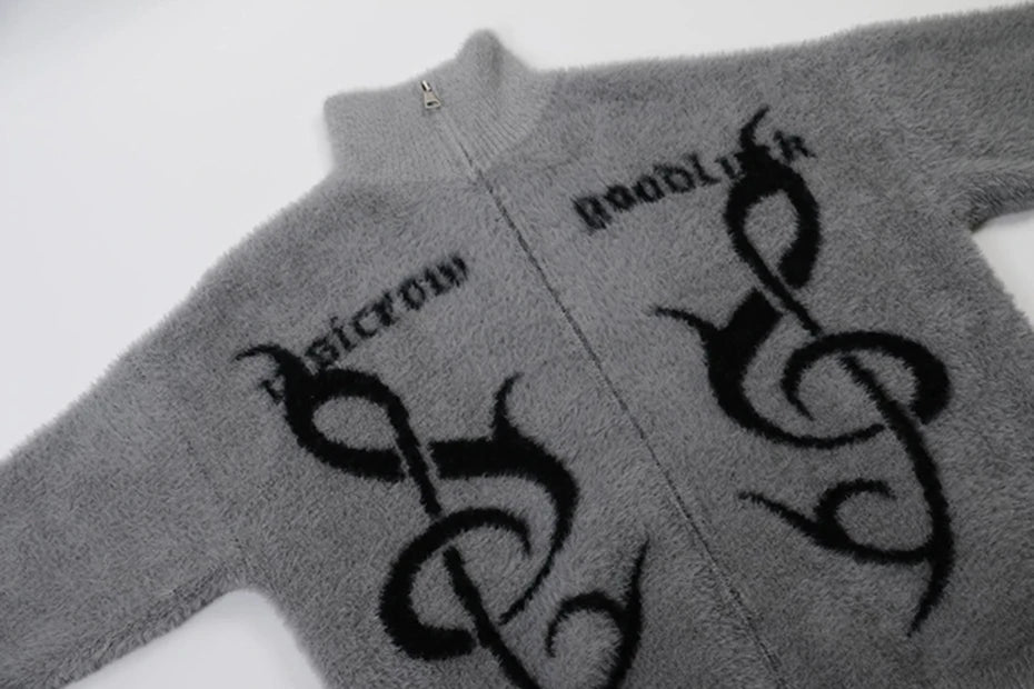 Lyric Symbol Faux Fur Zip-up Sweater-streetwear-techwear