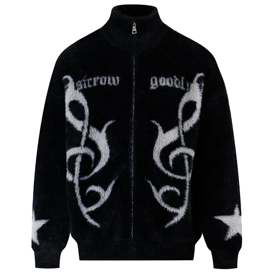 Lyric Symbol Faux Fur Zip-up Sweater-streetwear-techwear