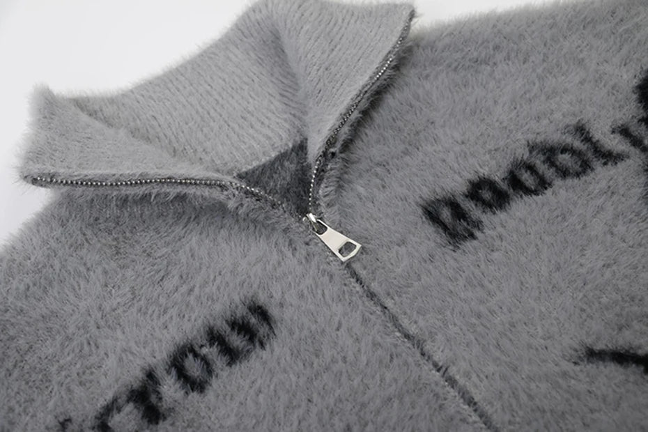 Lyric Symbol Faux Fur Zip-up Sweater-streetwear-techwear