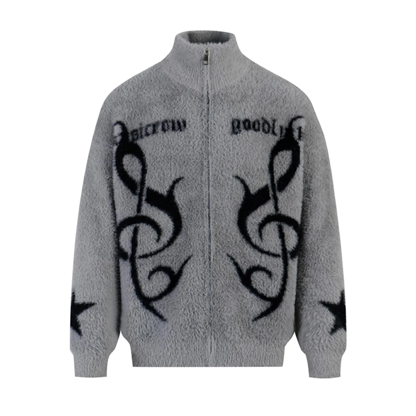 Lyric Symbol Faux Fur Zip-up Sweater-streetwear-techwear