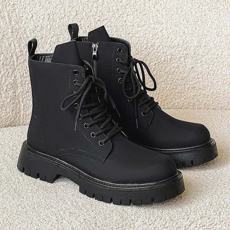 Matte Black Chunky Lace-Up Boots-streetwear-techwear