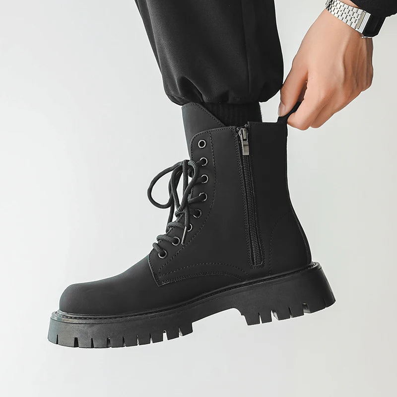 Matte Black Chunky Lace-Up Boots-streetwear-techwear