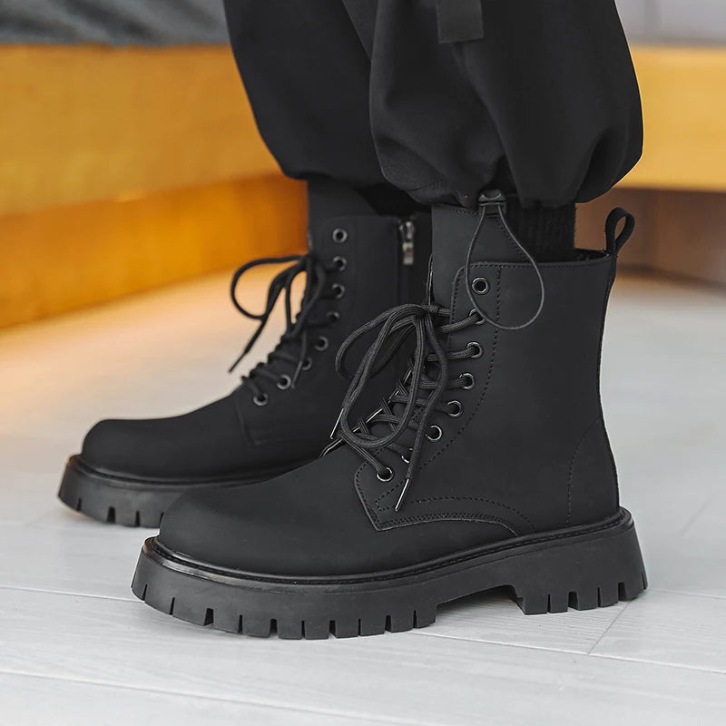 Matte Black Chunky Lace-Up Boots-streetwear-techwear