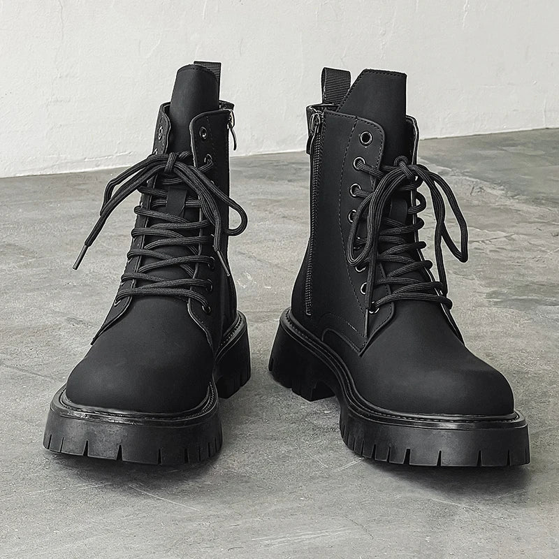 Matte Black Chunky Lace-Up Boots-streetwear-techwear