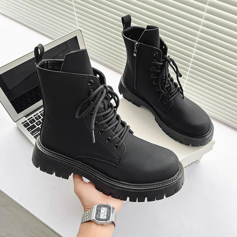 Matte Black Chunky Lace-Up Boots-streetwear-techwear