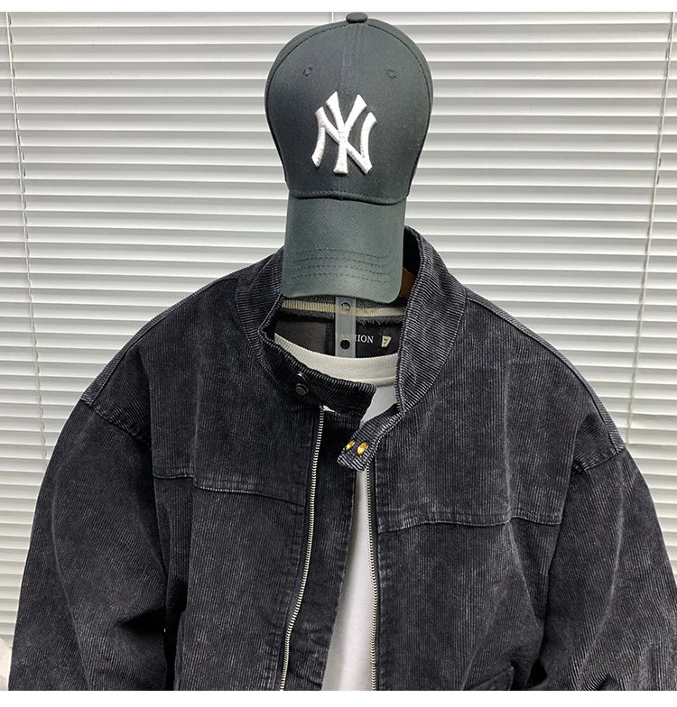 Mens American Washed Corduroy Jacket Distressed Stand Collar Short Workwear High Quality Trendy Spring Autumn Casual Coat Male-streetwear-techwear