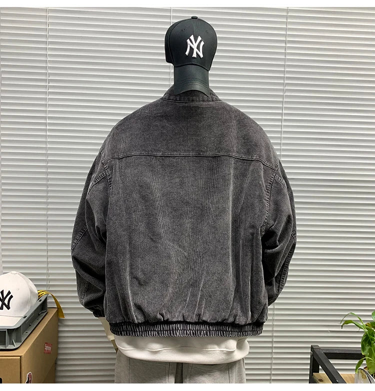 Mens American Washed Corduroy Jacket Distressed Stand Collar Short Workwear High Quality Trendy Spring Autumn Casual Coat Male-streetwear-techwear