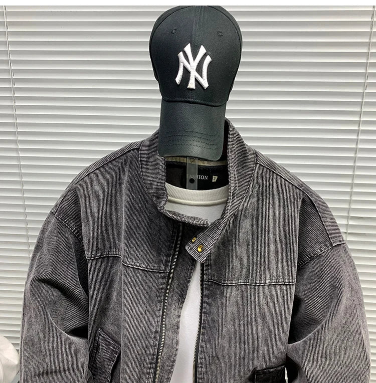 Mens American Washed Corduroy Jacket Distressed Stand Collar Short Workwear High Quality Trendy Spring Autumn Casual Coat Male-streetwear-techwear