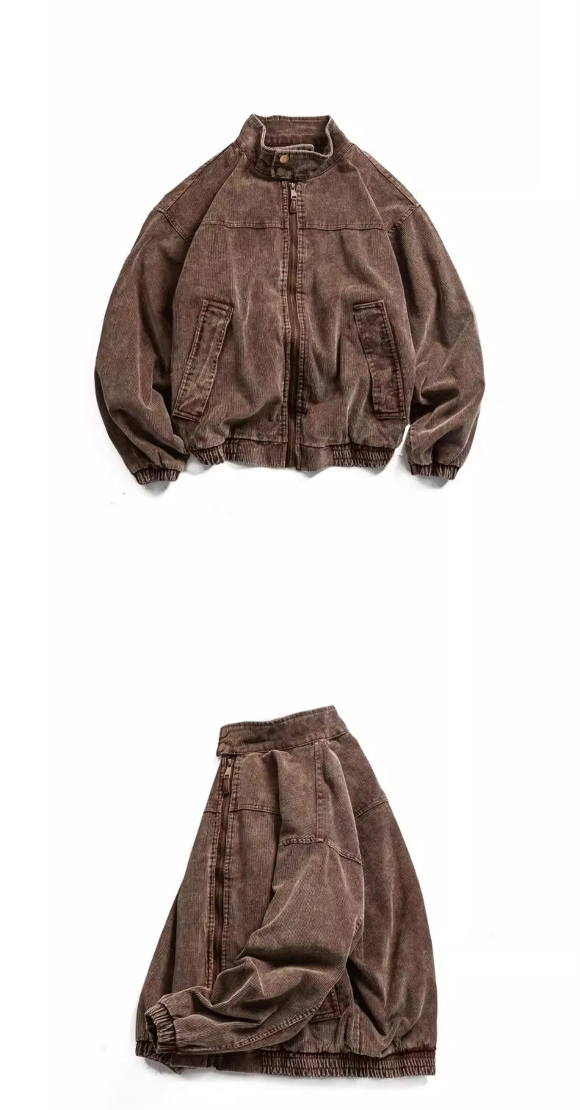 Mens American Washed Corduroy Jacket Distressed Stand Collar Short Workwear High Quality Trendy Spring Autumn Casual Coat Male-streetwear-techwear