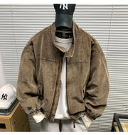 Mens American Washed Corduroy Jacket Distressed Stand Collar Short Workwear High Quality Trendy Spring Autumn Casual Coat Male-streetwear-techwear