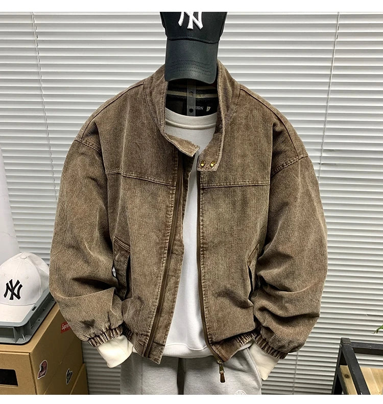 Mens American Washed Corduroy Jacket Distressed Stand Collar Short Workwear High Quality Trendy Spring Autumn Casual Coat Male-streetwear-techwear