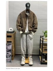 Mens American Washed Corduroy Jacket Distressed Stand Collar Short Workwear High Quality Trendy Spring Autumn Casual Coat Male-streetwear-techwear