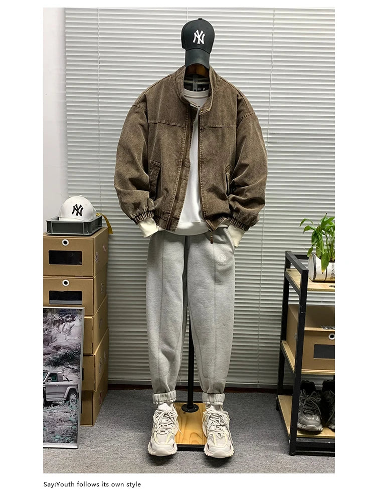 Mens American Washed Corduroy Jacket Distressed Stand Collar Short Workwear High Quality Trendy Spring Autumn Casual Coat Male-streetwear-techwear