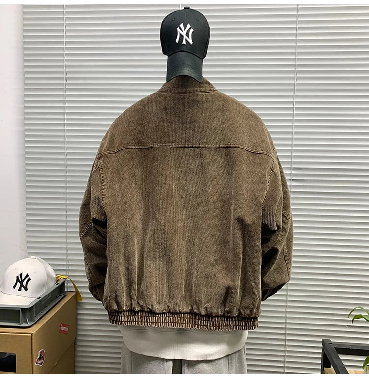 Mens American Washed Corduroy Jacket Distressed Stand Collar Short Workwear High Quality Trendy Spring Autumn Casual Coat Male-streetwear-techwear