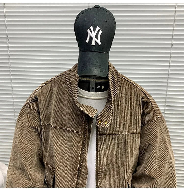 Mens American Washed Corduroy Jacket Distressed Stand Collar Short Workwear High Quality Trendy Spring Autumn Casual Coat Male-streetwear-techwear