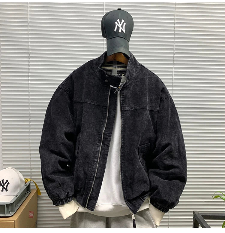 Mens American Washed Corduroy Jacket Distressed Stand Collar Short Workwear High Quality Trendy Spring Autumn Casual Coat Male-streetwear-techwear
