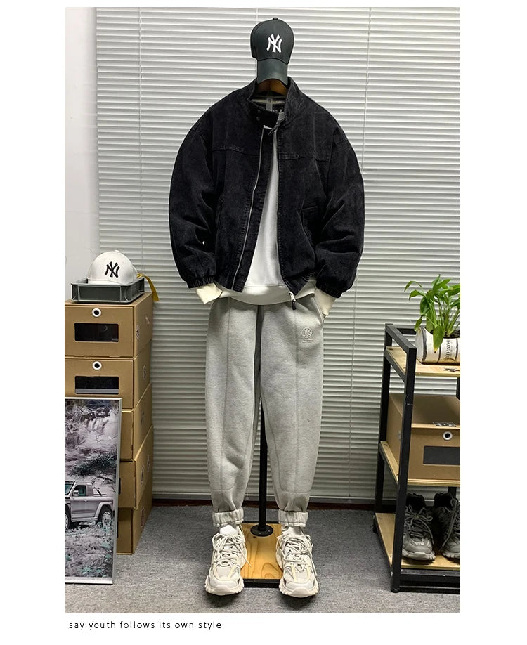 Mens American Washed Corduroy Jacket Distressed Stand Collar Short Workwear High Quality Trendy Spring Autumn Casual Coat Male-streetwear-techwear