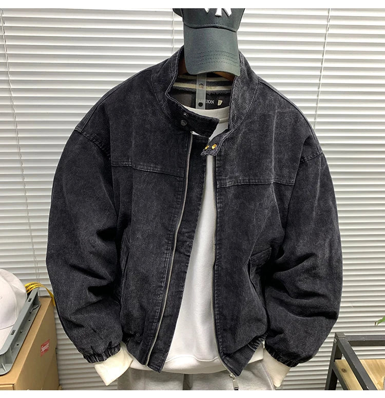 Mens American Washed Corduroy Jacket Distressed Stand Collar Short Workwear High Quality Trendy Spring Autumn Casual Coat Male-streetwear-techwear