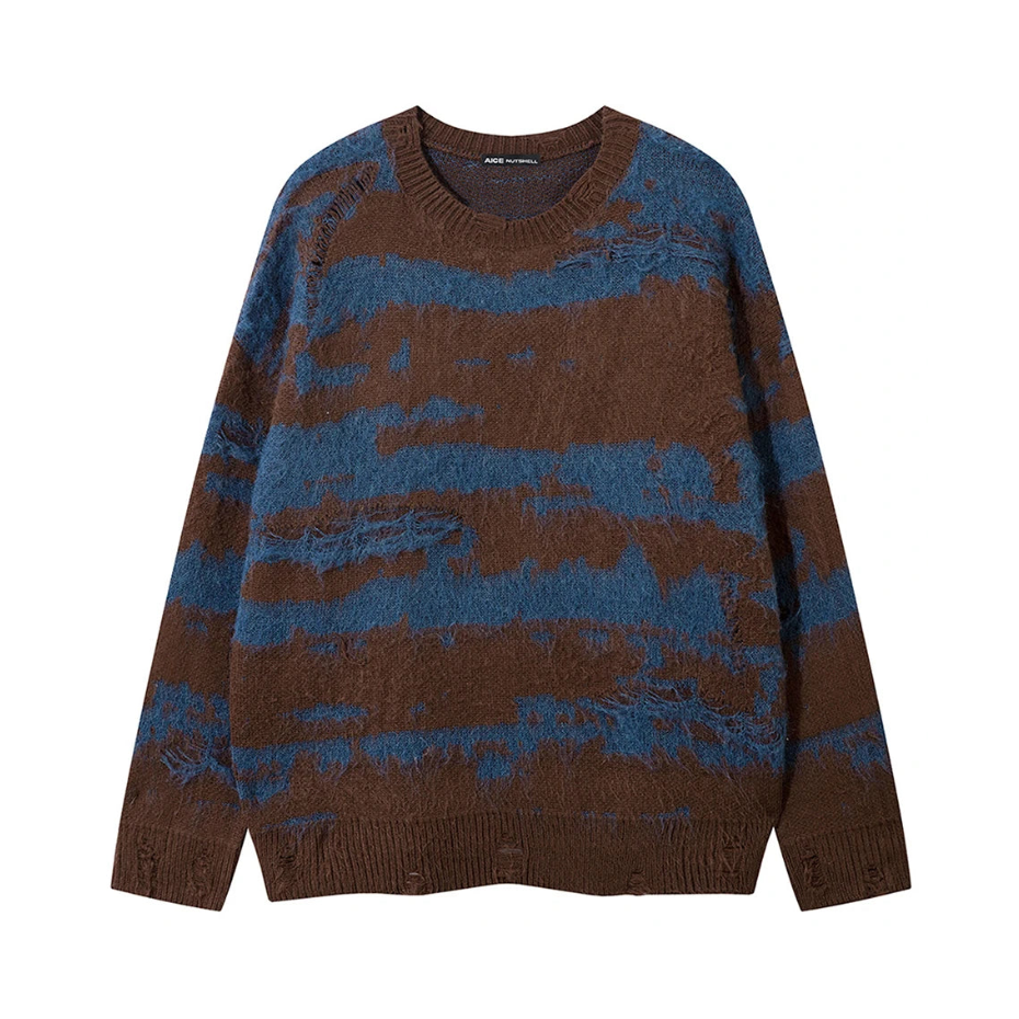 A long-sleeve crewneck knit sweater with a distressed, abstract pattern of horizontal brown and blue stripes, photographed flat on a white background.