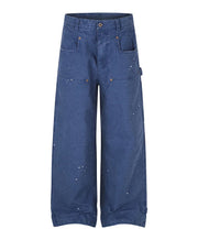 A pair of wide-leg blue denim pants with paint splatter details, shown flat against a white background.