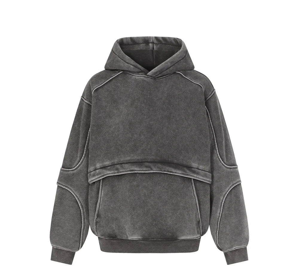 Gray hoodie with contrasting piping on a white background