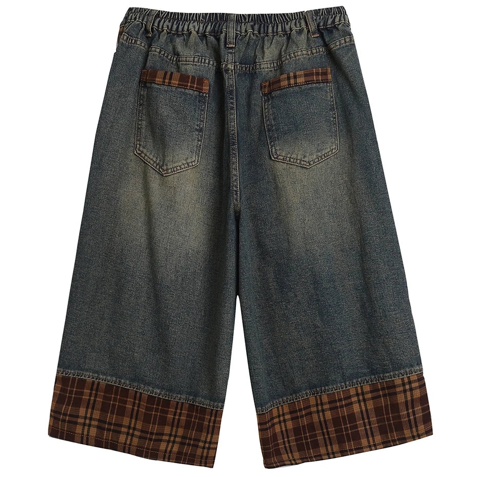 Plaid Patchwork Vintage Wash Denim Jorts-streetwear-techwear