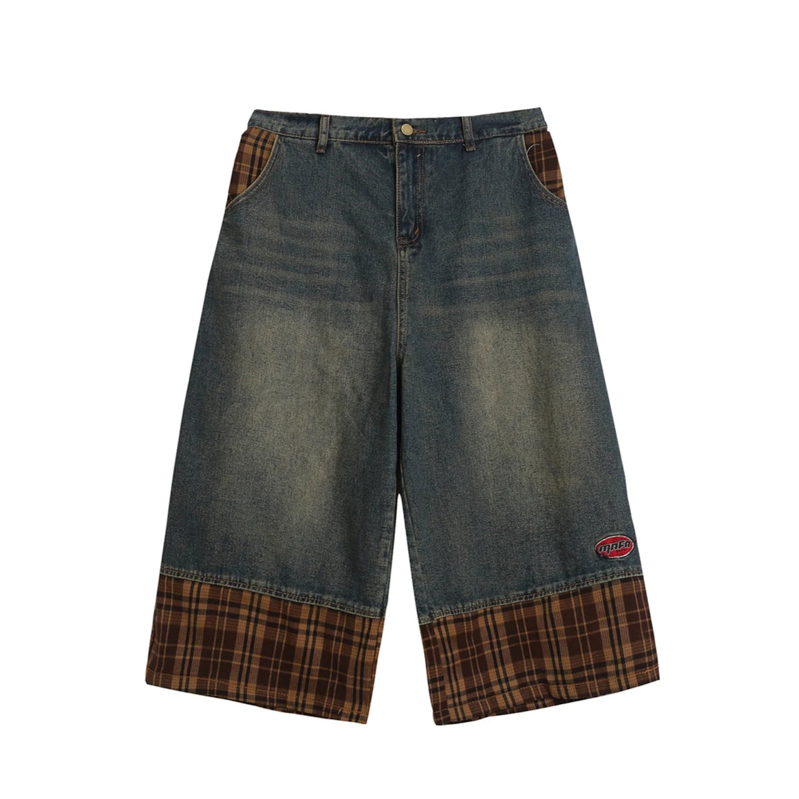 Plaid Patchwork Vintage Wash Denim Jorts-streetwear-techwear