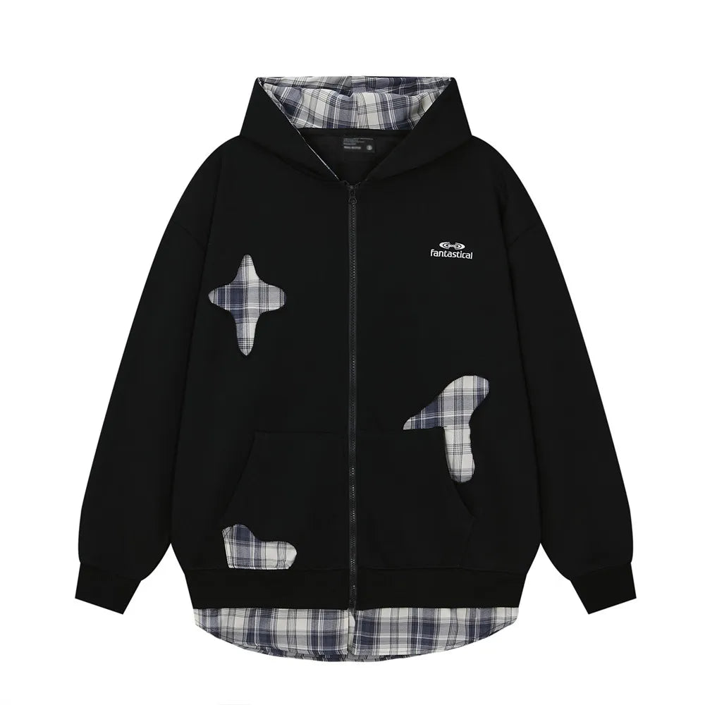 Plaid Patchwork Zip-up Hoodie-streetwear-techwear