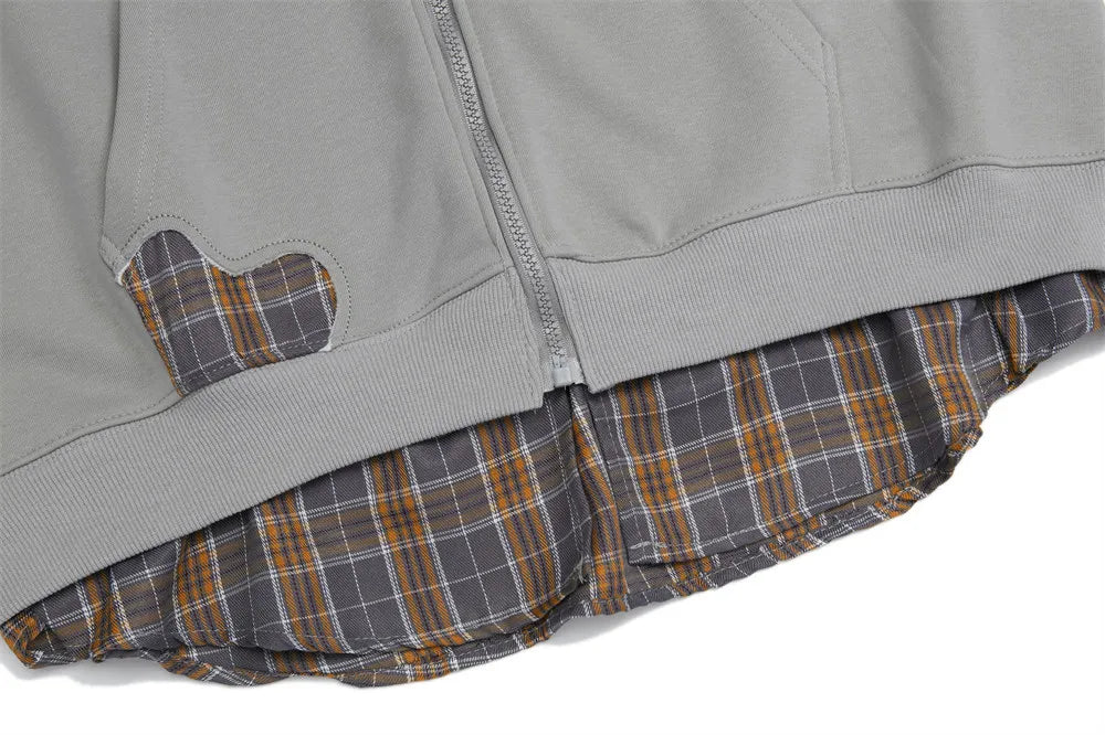 Plaid Patchwork Zip-up Hoodie-streetwear-techwear